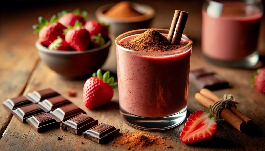 A rich spiced strawberry & dark chocolate smoothie in a clear glass, placed on a wooden table. The smoothie has a deep pinkish-brown color, topped with a sprinkle of raw cacao powder and a cinnamon stick. Surrounding the glass are fresh strawberries, small pieces of dark chocolate, and a small bowl of cacao powder. The background is softly blurred with warm, inviting lighting.