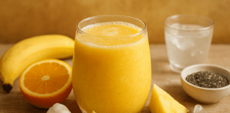 A vibrant yellow smoothie in a clear glass surrounded by banana, orange, lemon wedge, pineapple chunks, garlic, chia seeds, ice cubes, and coconut water on a rustic wooden surface.