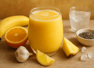 A vibrant yellow smoothie in a clear glass surrounded by banana, orange, lemon wedge, pineapple chunks, garlic, chia seeds, ice cubes, and coconut water on a rustic wooden surface.