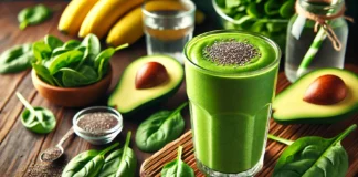 A vibrant and creamy Spirulina Power Green Smoothie in a tall glass with a bright green color. Garnished with chia seeds, the smoothie sits on a wooden surface surrounded by fresh spinach leaves, banana slices, avocado, and a glass of coconut water, showcasing its nutrient-dense and energy-boosting ingredients.