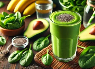 A vibrant and creamy Spirulina Power Green Smoothie in a tall glass with a bright green color. Garnished with chia seeds, the smoothie sits on a wooden surface surrounded by fresh spinach leaves, banana slices, avocado, and a glass of coconut water, showcasing its nutrient-dense and energy-boosting ingredients.