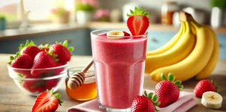A vibrant strawberry-banana focus smoothie in a clear glass, placed on a wooden table. The smoothie is a rich pink color, topped with a few fresh strawberry slices and a banana slice. Surrounding the glass are whole strawberries, banana halves, and a small bowl of honey. The background is softly blurred with a bright and fresh kitchen setting.