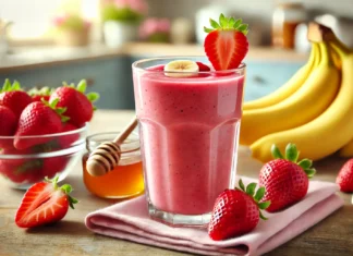 A vibrant strawberry-banana focus smoothie in a clear glass, placed on a wooden table. The smoothie is a rich pink color, topped with a few fresh strawberry slices and a banana slice. Surrounding the glass are whole strawberries, banana halves, and a small bowl of honey. The background is softly blurred with a bright and fresh kitchen setting.