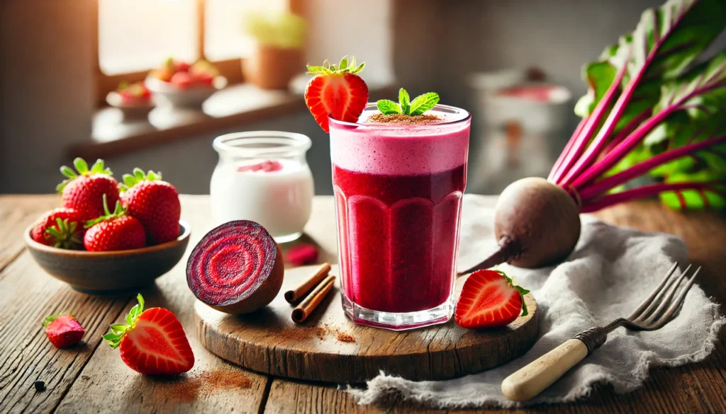 A refreshing strawberry & beetroot power smoothie in a clear glass, placed on a rustic wooden table. The smoothie is a deep reddish-pink color, garnished with a slice of strawberry and a sprinkle of cinnamon. Surrounding the glass are fresh strawberries, cooked beet slices, and a small bowl of Greek yogurt. The background is softly blurred with natural light and a kitchen setting.