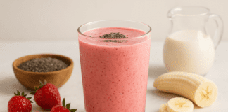 A heart-healthy strawberry smoothie made with chia seeds, banana, and almond milk in a clear glass, styled with fresh strawberries, banana slices, and a bowl of chia seeds on a minimalist surface.