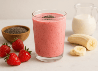 A heart-healthy strawberry smoothie made with chia seeds, banana, and almond milk in a clear glass, styled with fresh strawberries, banana slices, and a bowl of chia seeds on a minimalist surface.