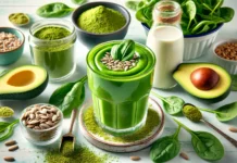 A vibrant green matcha smoothie in a clear glass, with a smooth and creamy texture. Surrounding the glass are matcha powder, fresh spinach leaves, sunflower seeds, avocado halves, a drizzle of maple syrup, and a bottle of oat milk, emphasizing brain-boosting and focus-enhancing ingredients.