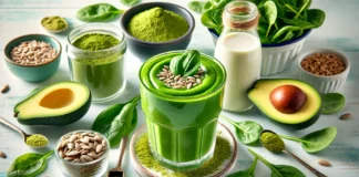 A vibrant green matcha smoothie in a clear glass, with a smooth and creamy texture. Surrounding the glass are matcha powder, fresh spinach leaves, sunflower seeds, avocado halves, a drizzle of maple syrup, and a bottle of oat milk, emphasizing brain-boosting and focus-enhancing ingredients.