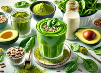 A vibrant green matcha smoothie in a clear glass, with a smooth and creamy texture. Surrounding the glass are matcha powder, fresh spinach leaves, sunflower seeds, avocado halves, a drizzle of maple syrup, and a bottle of oat milk, emphasizing brain-boosting and focus-enhancing ingredients.