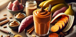 A rich and creamy sweet potato protein power smoothie in a tall glass, deep orange in color, garnished with a sprinkle of cinnamon. The smoothie is placed on a wooden surface surrounded by fresh sweet potatoes, a banana, almond butter, and a scoop of protein powder, creating a warm and nutritious atmosphere.