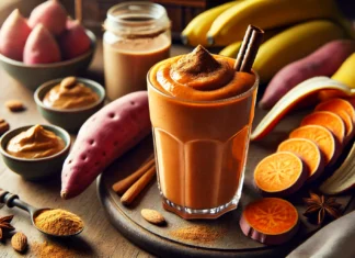 A rich and creamy sweet potato protein power smoothie in a tall glass, deep orange in color, garnished with a sprinkle of cinnamon. The smoothie is placed on a wooden surface surrounded by fresh sweet potatoes, a banana, almond butter, and a scoop of protein powder, creating a warm and nutritious atmosphere.