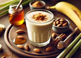 A thick and creamy banana smoothie garnished with cinnamon and honey, placed on a wooden surface with almonds, almond butter, and fresh lemongrass, creating a warm and relaxing atmosphere.