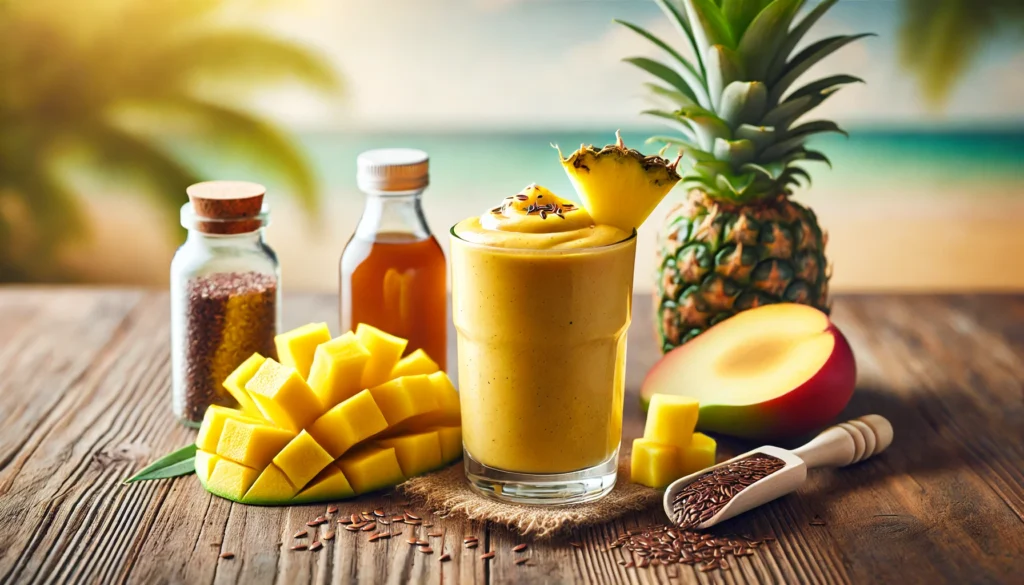 A golden-yellow tropical smoothie in a glass, surrounded by fresh pineapple chunks, mango slices, flaxseeds, and a small bottle of apple cider vinegar on a wooden surface. A softly blurred tropical setting enhances the refreshing vibe.