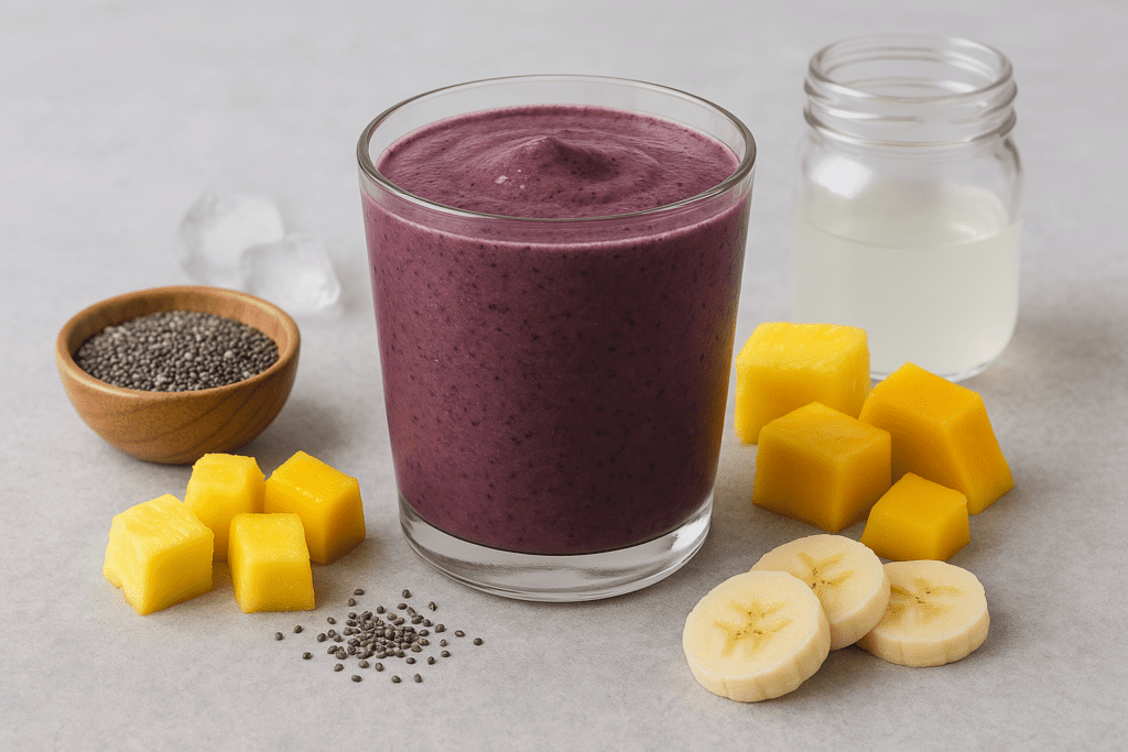 A vibrant purple acai smoothie in a glass, surrounded by mango, pineapple, banana slices, chia seeds, coconut water, and ice on a light gray background.