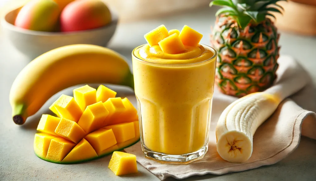A bright yellow-orange smoothie made with banana, mango, and pineapple, served in a clear glass with fresh tropical fruits arranged around it, set against a softly lit kitchen background highlighting the freshness of the ingredients.