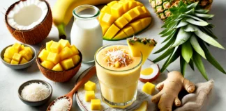 A creamy yellow tropical smoothie in a glass, surrounded by banana, pineapple, mango, shredded coconut, ginger, and coconut milk on a bright kitchen counter.