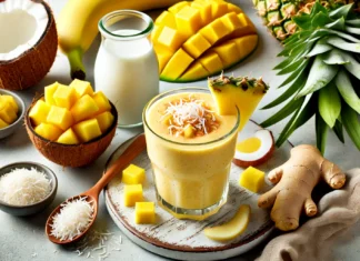 A creamy yellow tropical smoothie in a glass, surrounded by banana, pineapple, mango, shredded coconut, ginger, and coconut milk on a bright kitchen counter.