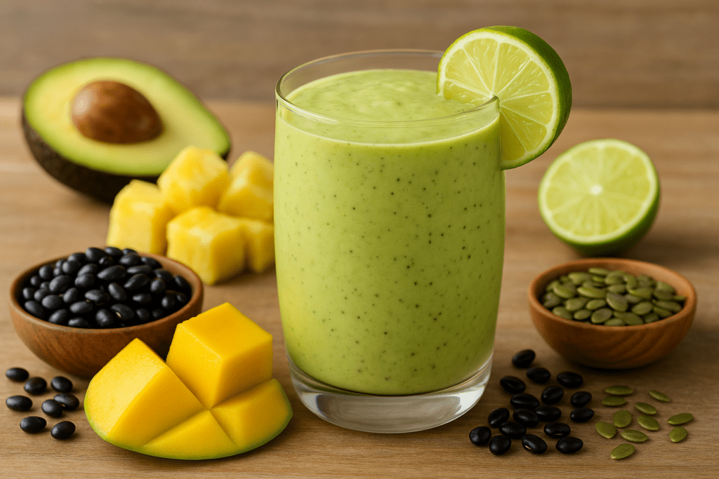 A vibrant tropical smoothie made with mango, pineapple, avocado, lime, black beans, and pumpkin seeds, served in a clear glass with fresh tropical ingredients arranged around it.