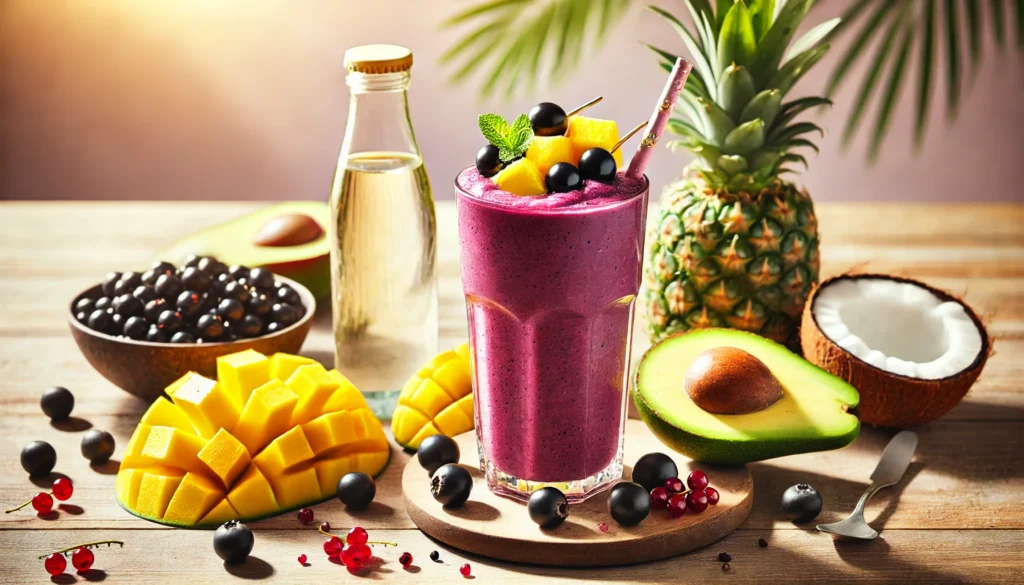 A rich purple tropical smoothie in a tall glass, surrounded by blackcurrants, mango, pineapple, avocado, and coconut water, evoking a sunny, refreshing brain-boosting treat.