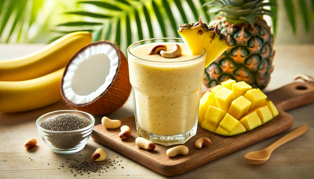 A refreshing tropical smoothie in a glass, featuring a light golden blend of Brazil nuts, pineapple, and coconut water. The smoothie is placed on a wooden surface with fresh pineapple slices, banana, and chia seeds beside it, evoking hydration and muscle recovery benefits.