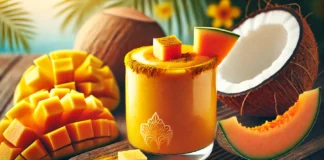 A vibrant tropical smoothie in a glass, featuring a bright orange cantaloupe blend with chunks of fresh mango and a garnish of turmeric powder. The smoothie is placed on a wooden surface with coconut water splashes around, evoking a fresh and tropical feel.