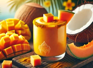 A vibrant tropical smoothie in a glass, featuring a bright orange cantaloupe blend with chunks of fresh mango and a garnish of turmeric powder. The smoothie is placed on a wooden surface with coconut water splashes around, evoking a fresh and tropical feel.