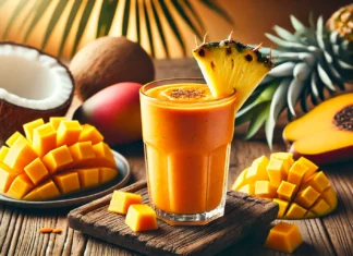 A tropical, vibrant smoothie in a clear glass, featuring a bright orange blend of carrots, mango, and pineapple. The smoothie is garnished with a pineapple slice and placed on a wooden table with fresh mango chunks, carrot pieces, and coconut water, set against a warm tropical ambiance.