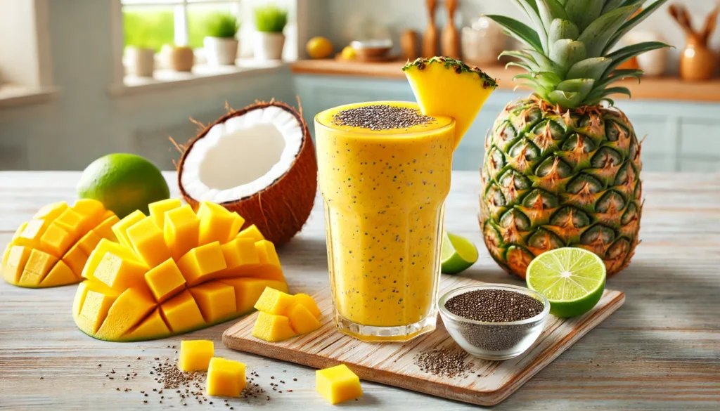 A refreshing tropical chia and mango smoothie in a tall glass with a vibrant yellow-orange color, surrounded by mango chunks, pineapple slices, lime, and chia seeds on a wooden table with a cracked coconut nearby.