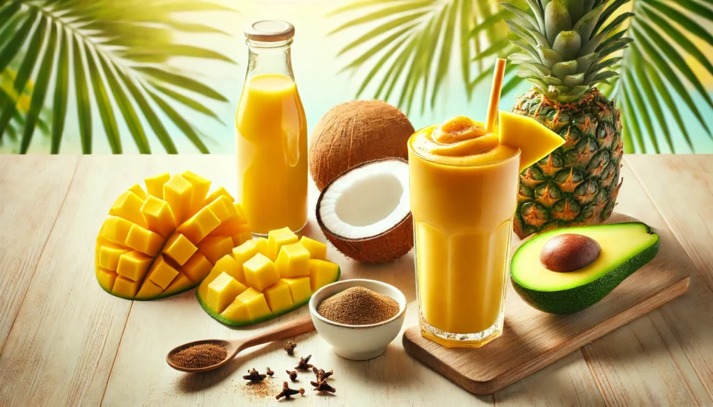 A tropical smoothie in a tall glass, paired with mango slices, pineapple chunks, avocado, coconut water, and ground cloves, set in a bright, sunny setting for a refreshing and brain-enhancing drink.