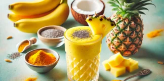 A vibrant yellow-orange tropical smoothie in a clear glass, made with pineapple, banana, and coconut water. Garnished with a slice of pineapple and chia seeds, set against a bright tropical background with fresh fruit and turmeric.