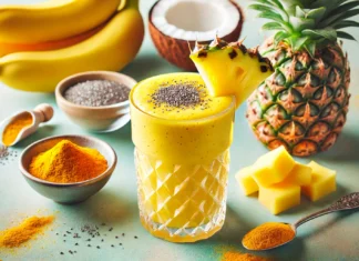 A vibrant yellow-orange tropical smoothie in a clear glass, made with pineapple, banana, and coconut water. Garnished with a slice of pineapple and chia seeds, set against a bright tropical background with fresh fruit and turmeric.