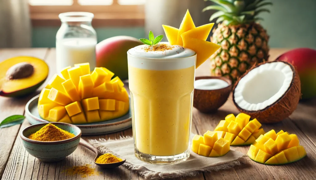 A refreshing tropical egg white smoothie in a tall glass, golden yellow in color, garnished with a slice of mango and a sprinkle of turmeric. The smoothie is placed on a wooden table, surrounded by fresh mango chunks, pineapple slices, a small dish of Greek yogurt, and a glass of coconut water, creating a bright and tropical feel.