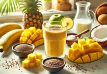 A golden-yellow tropical smoothie in a glass, surrounded by mango, pineapple, banana, flaxseeds, coconut milk, and a lime wedge on a sunny kitchen counter.