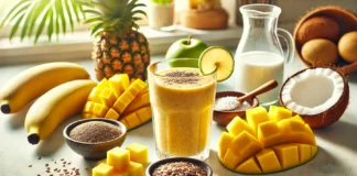 A golden-yellow tropical smoothie in a glass, surrounded by mango, pineapple, banana, flaxseeds, coconut milk, and a lime wedge on a sunny kitchen counter.