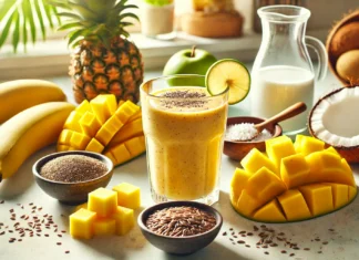 A golden-yellow tropical smoothie in a glass, surrounded by mango, pineapple, banana, flaxseeds, coconut milk, and a lime wedge on a sunny kitchen counter.