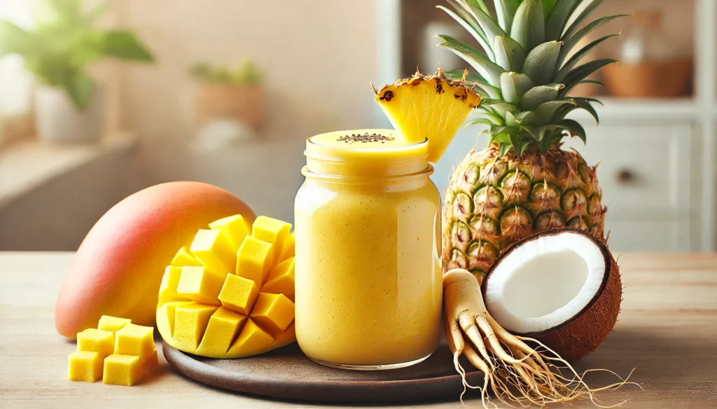 A bright golden-yellow smoothie made with ginseng, pineapple, mango, and coconut milk, served in a clear glass with fresh tropical fruits and a ginseng root arranged around it, set against a softly lit kitchen background highlighting the fresh ingredients.