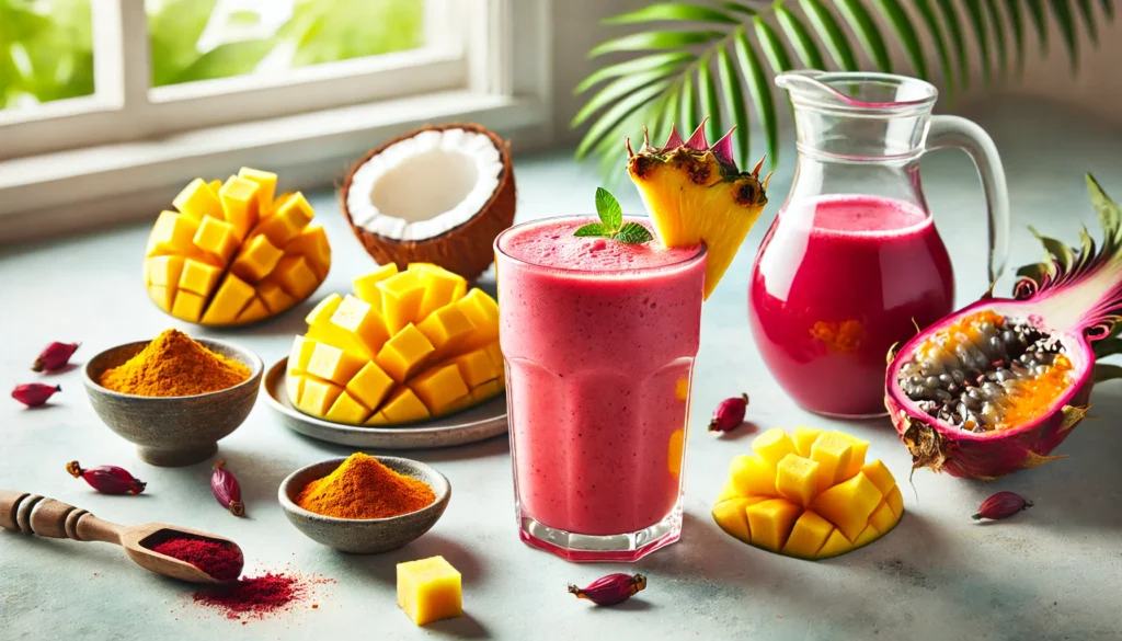 A bright pink-orange tropical hibiscus smoothie surrounded by mango, pineapple, turmeric, coconut water, and hibiscus tea—an antioxidant-rich blend to calm the cardiovascular system and boost circulation.