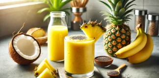 A vibrant tropical smoothie with a bright yellow hue, made with pineapple, lemon juice, banana, and coconut water, surrounded by fresh ingredients in a modern kitchen setting.