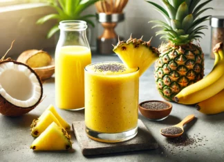 A vibrant tropical smoothie with a bright yellow hue, made with pineapple, lemon juice, banana, and coconut water, surrounded by fresh ingredients in a modern kitchen setting.