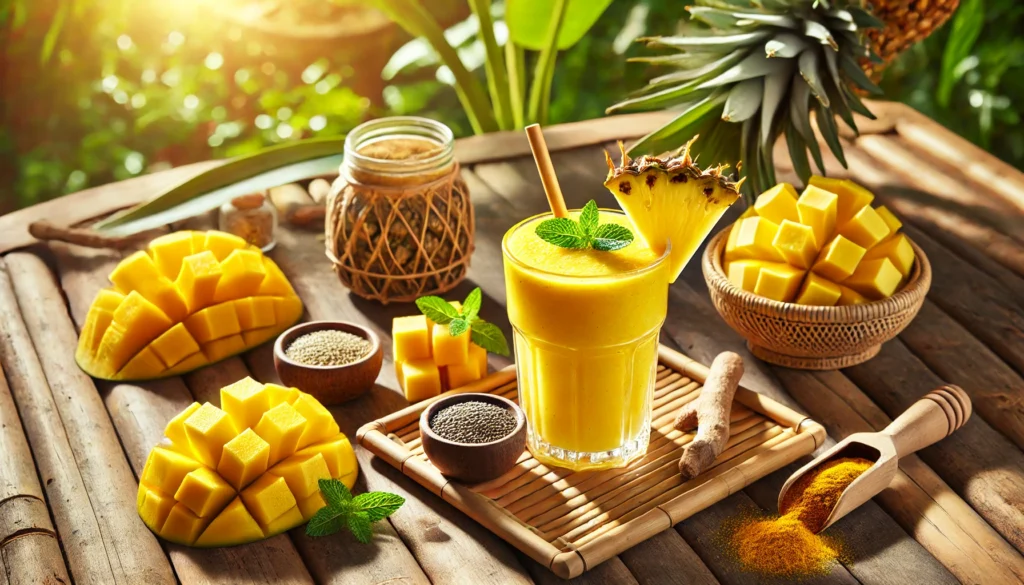 A golden tropical smoothie with pineapple garnish, surrounded by mango, turmeric, hemp seeds, and licorice root powder on a bamboo table with a sunny tropical background.