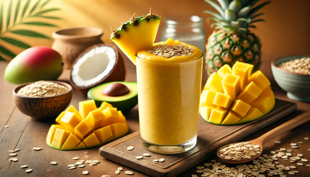 A tropical oat smoothie in a clear glass, featuring a bright golden blend of oats, mango, and pineapple. The smoothie is garnished with a pineapple slice and a drizzle of coconut water. It is placed on a wooden table with fresh mango chunks, rolled oats, and a halved avocado, set against a warm tropical ambiance.