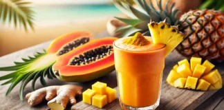 A vibrant tropical smoothie in a glass, featuring a bright orange papaya blend with chunks of pineapple and a sprinkle of turmeric. The smoothie is placed on a rustic wooden table, surrounded by fresh papaya slices, pineapple chunks, and ginger roots, with a softly blurred tropical beach background.