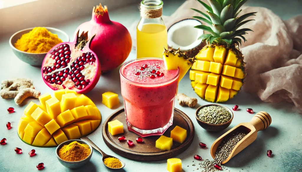 A tropical pomegranate smoothie in a glass, surrounded by pineapple, mango, turmeric, hemp seeds, and coconut water—infused with anti-inflammatory ingredients to enhance arterial flexibility and circulation.