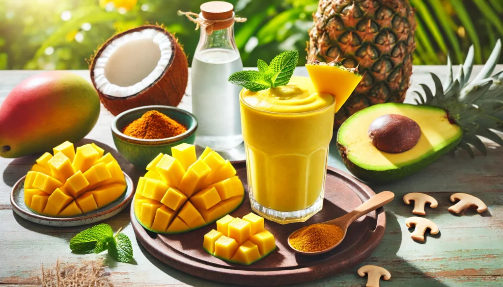 A golden tropical smoothie with mango and pineapple, surrounded by avocado, coconut water, diced mango, pineapple chunks, and reishi powder on a sunny table.