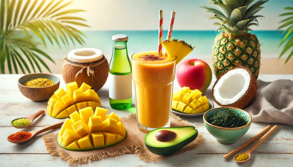 A bright tropical smoothie in a tall glass, paired with mango, pineapple, avocado, dried kelp, and coconut water, evoking a fresh and sunny brain-supportive blend.