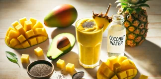 A bright golden-yellow smoothie in a tall glass, surrounded by pineapple, mango, avocado, chia seeds, and coconut water on a sunlit wooden surface, evoking a refreshing and brain-calming drink.