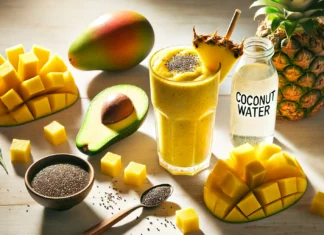 A bright golden-yellow smoothie in a tall glass, surrounded by pineapple, mango, avocado, chia seeds, and coconut water on a sunlit wooden surface, evoking a refreshing and brain-calming drink.