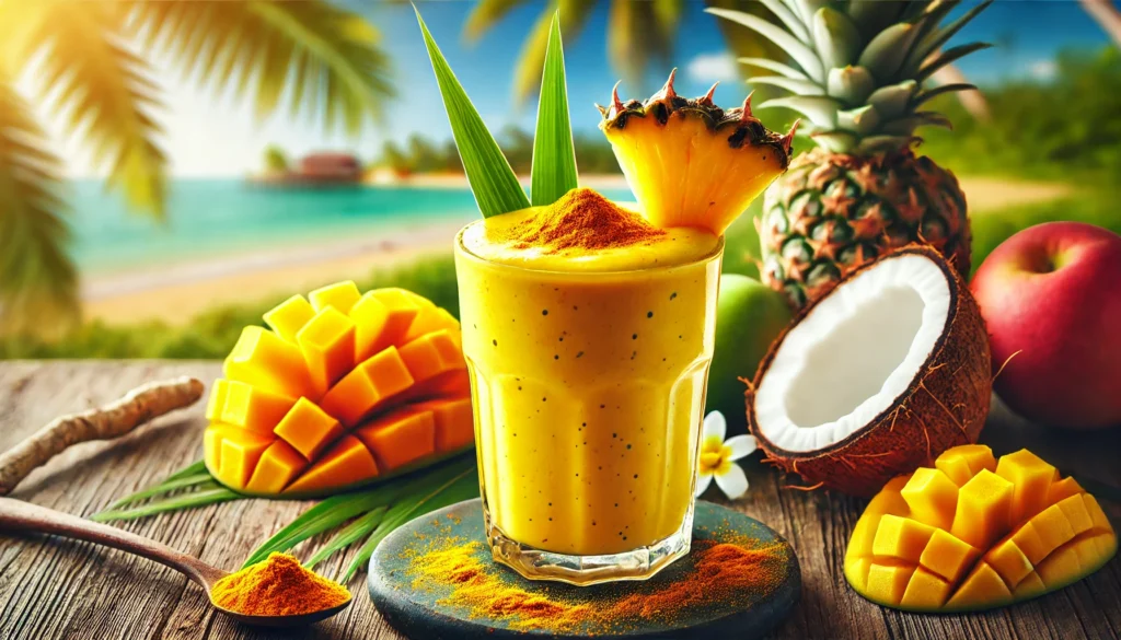 A tropical, energizing smoothie in a glass, featuring a rich yellow-orange blend of mango, pineapple, and coconut milk. Garnished with a pineapple wedge and a sprinkle of turmeric, the smoothie is set on a wooden table with fresh tropical fruits and a blurred sunny beach background.
