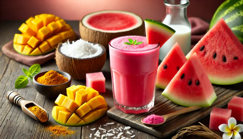 A bright pink Tropical Watermelon Electrolyte Smoothie in a clear glass, surrounded by fresh watermelon cubes, ripe mango chunks, shredded coconut, coconut milk, and turmeric on a wooden table with warm, soft lighting.