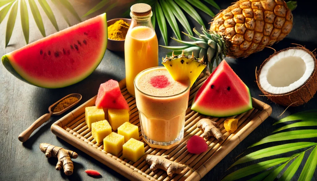 A golden tropical smoothie with pineapple garnish, surrounded by watermelon, pineapple chunks, turmeric, frozen banana, and coconut water on a bamboo tray in a sunny tropical setting.